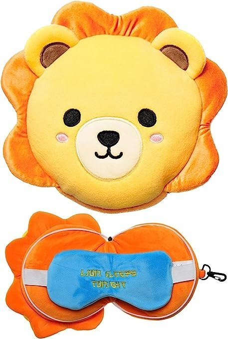 Pluszowa poduszka podróżna z opaską na oczy w kształcie zabawnego lwa od Puckator