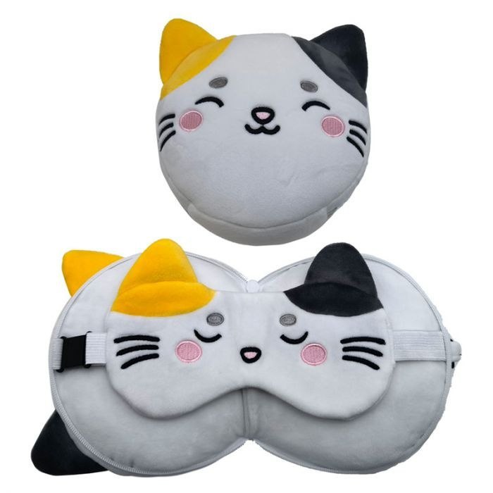 Pluszowa poduszka podróżna dla dzieci w kształcie kota z maską na oczy, miękka i wygodna