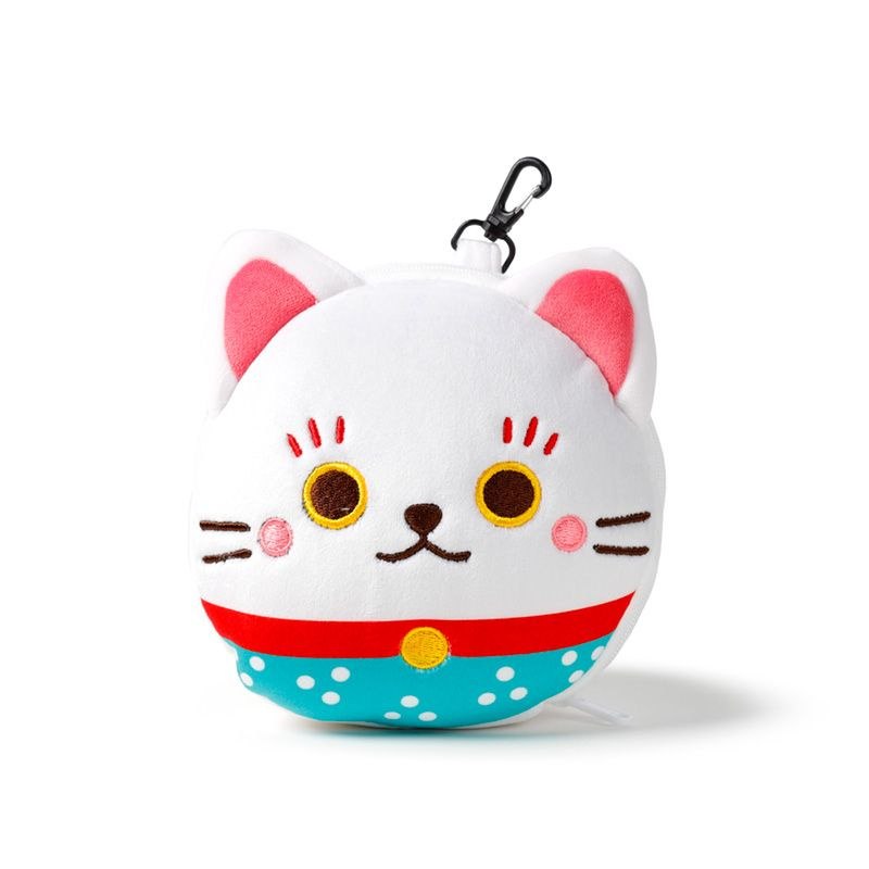 Pluszowa poduszka podróżna z opaską w kształcie białego kota z czerwono-niebieskim akcentem