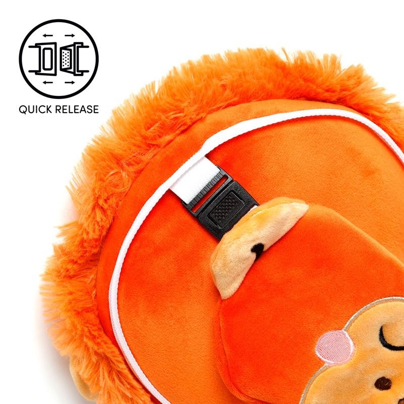 Pomarańczowa pluszowa poduszka podróżna z opaską na oczy w kształcie lwa z szybką klamrą