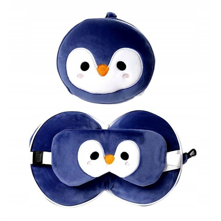 Pluszowa poduszka podróżna pingwin w kształcie niebieskiego uroczego pingwina z maską na oczy