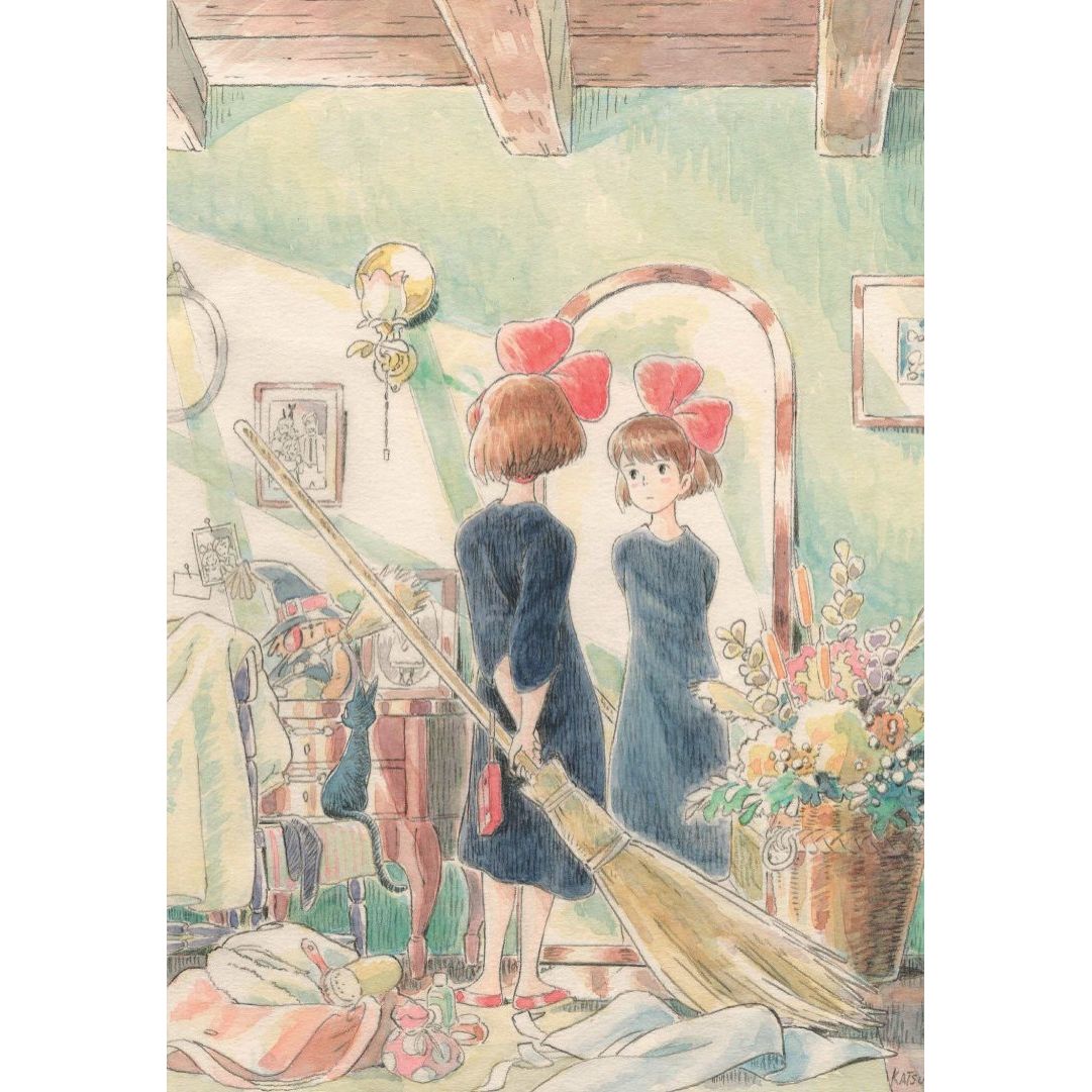 Ilustracja dziewczynki z różową kokardą i miotłą w dłoni odbijającej się w lustrze notatnik Kiki Studio Ghibli