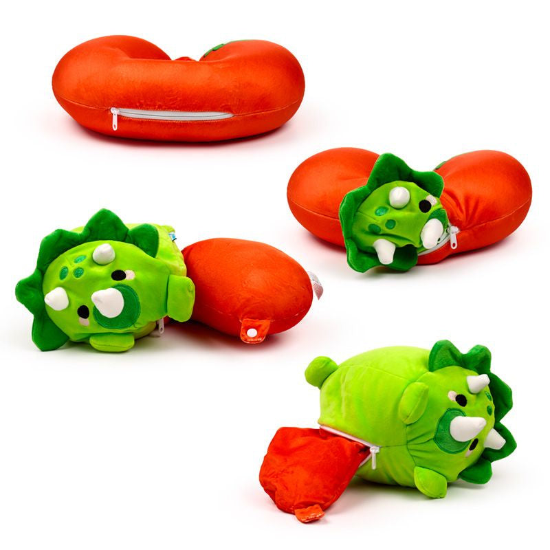 Poduszka podróżna dla dzieci dinozaur w zielono-pomarańczowym kolorze z miękkiego materiału Puckator