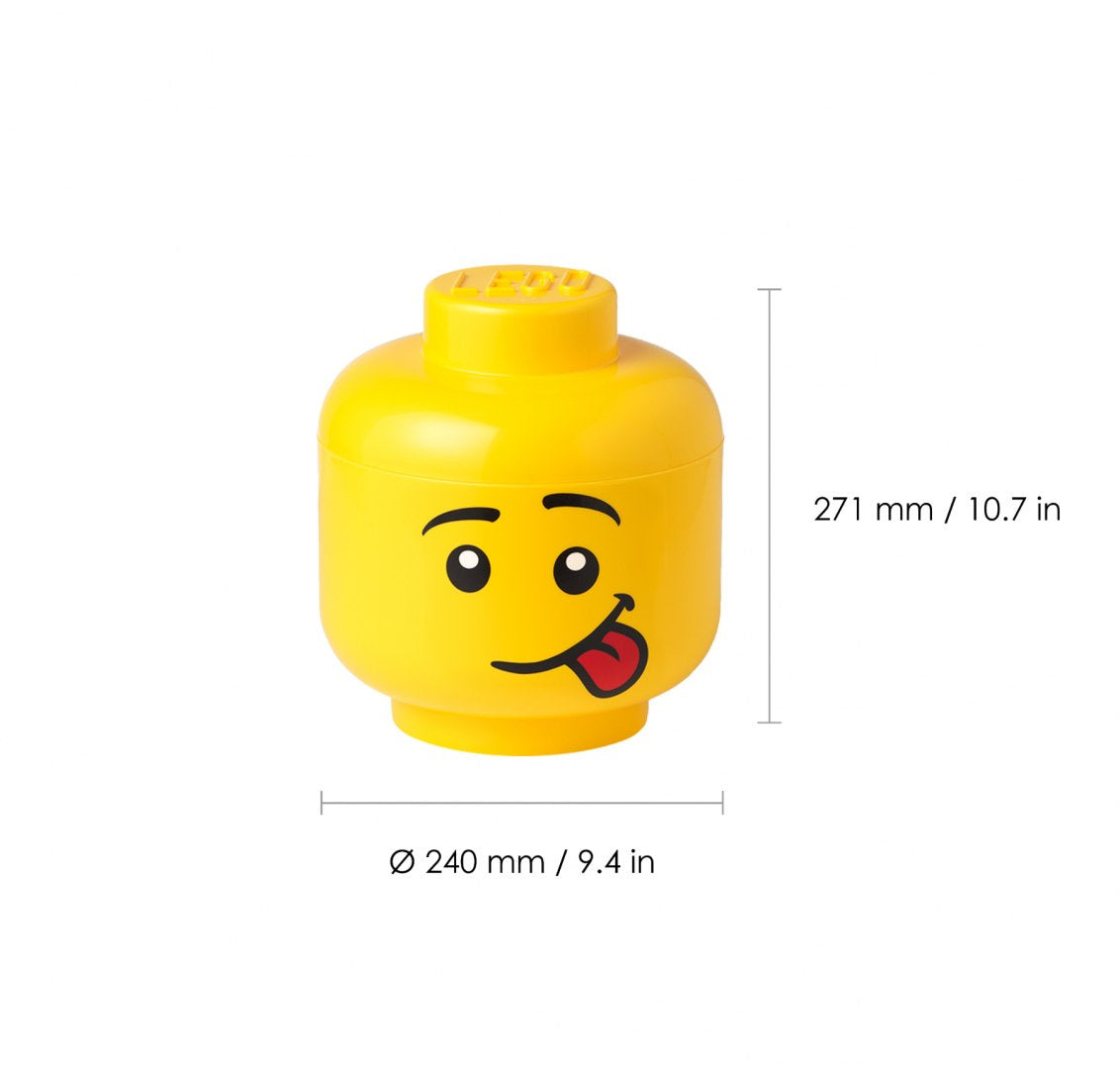 Pojemnik LEGO duża głowa chłopiec w kolorze żółtym z uśmiechniętą twarzą i wystawionym językiem
