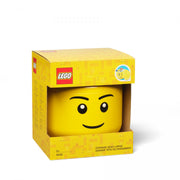 Pojemnik LEGO duża głowa chłopiec w żółtym kolorze z uśmiechniętą minifigurką LEGO