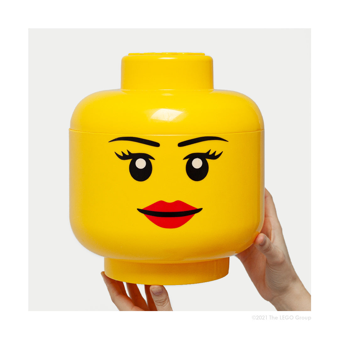 Pojemnik LEGO głowa dziewczynka w kolorze żółtym z twarzą i czerwonymi ustami