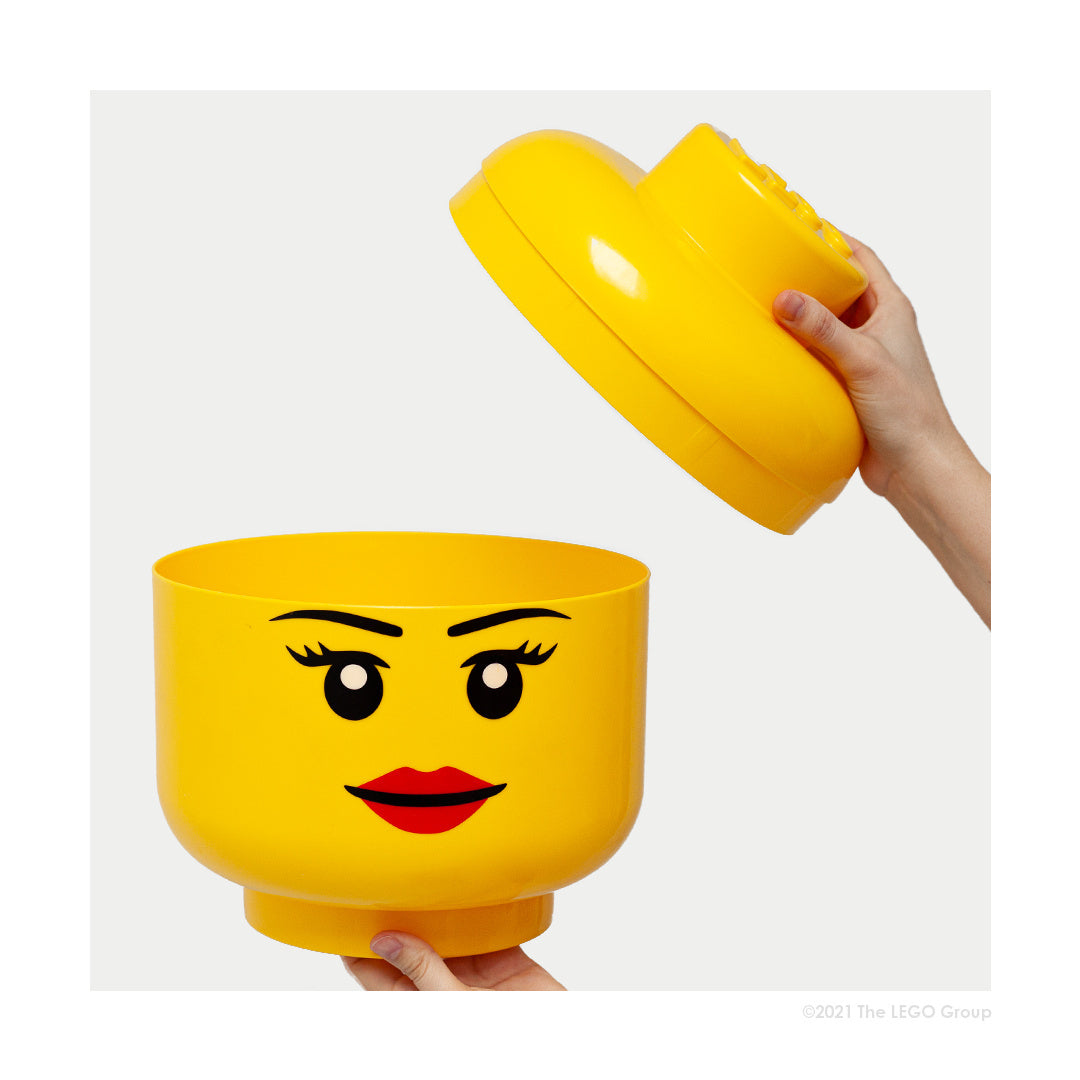Żółty pojemnik LEGO głowa dziewczynka z zdejmowaną pokrywą do przechowywania klocków