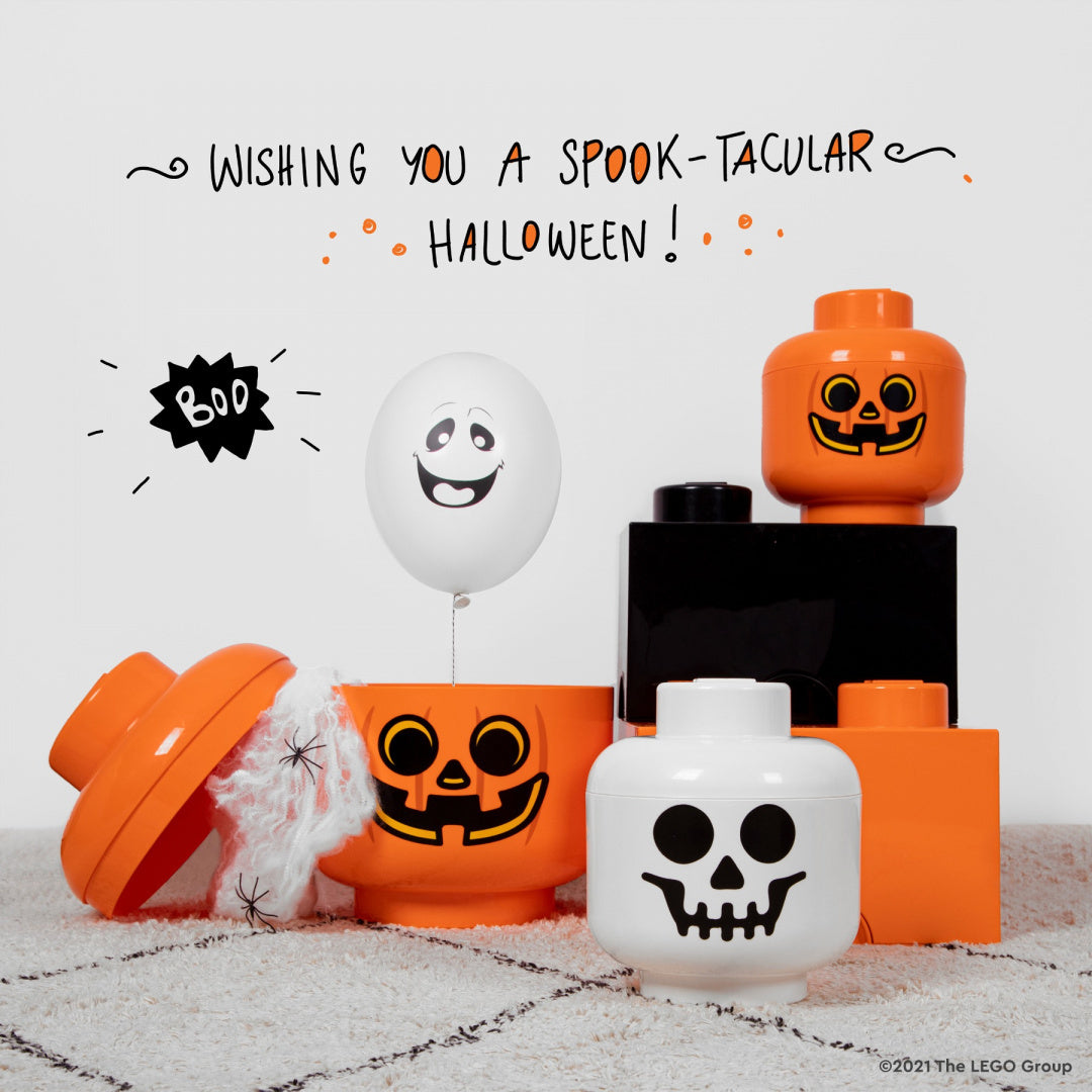 Pojemnik LEGO głowa szkieletor w kształcie dyni i czaszki na Halloween od LEGO