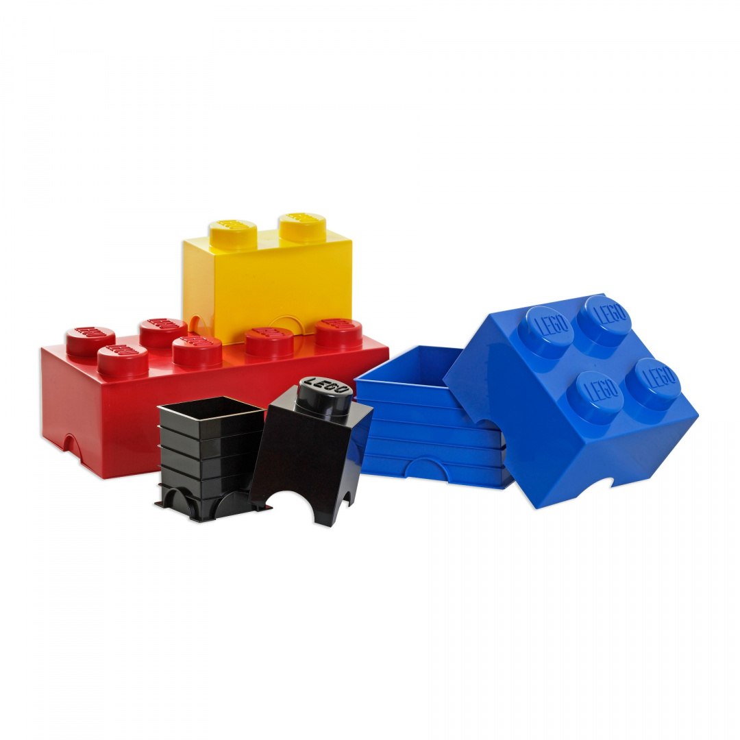 Pojemnik LEGO czarny w kształcie klocka do przechowywania z innymi kolorowymi pojemnikami LEGO