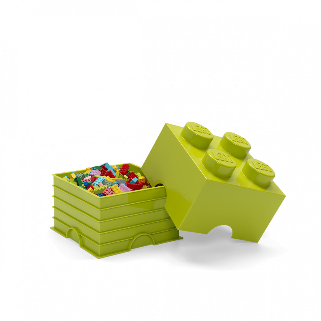 LEGO pojemnik LEGO jasny zielony w kształcie klocka z kolorowymi klockami w środku
