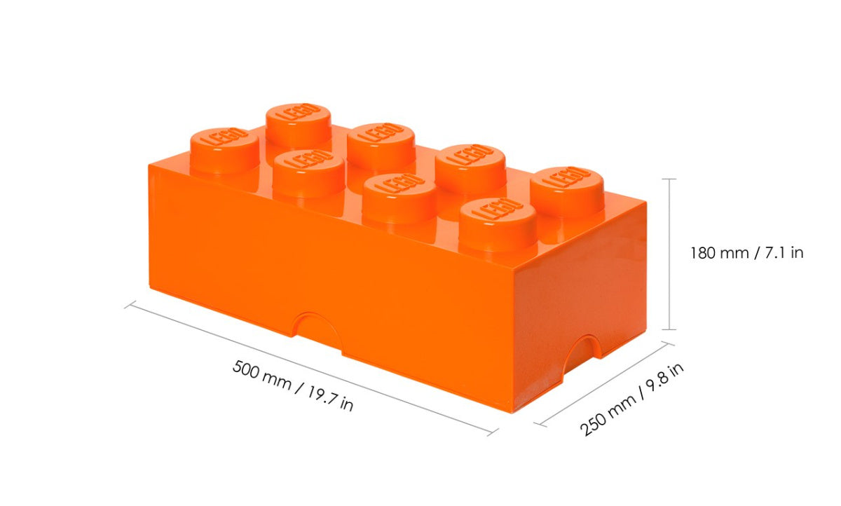 Pojemnik LEGO brick 8 pomarańczowy w kształcie klocka z wymiarami 50x25x18 cm