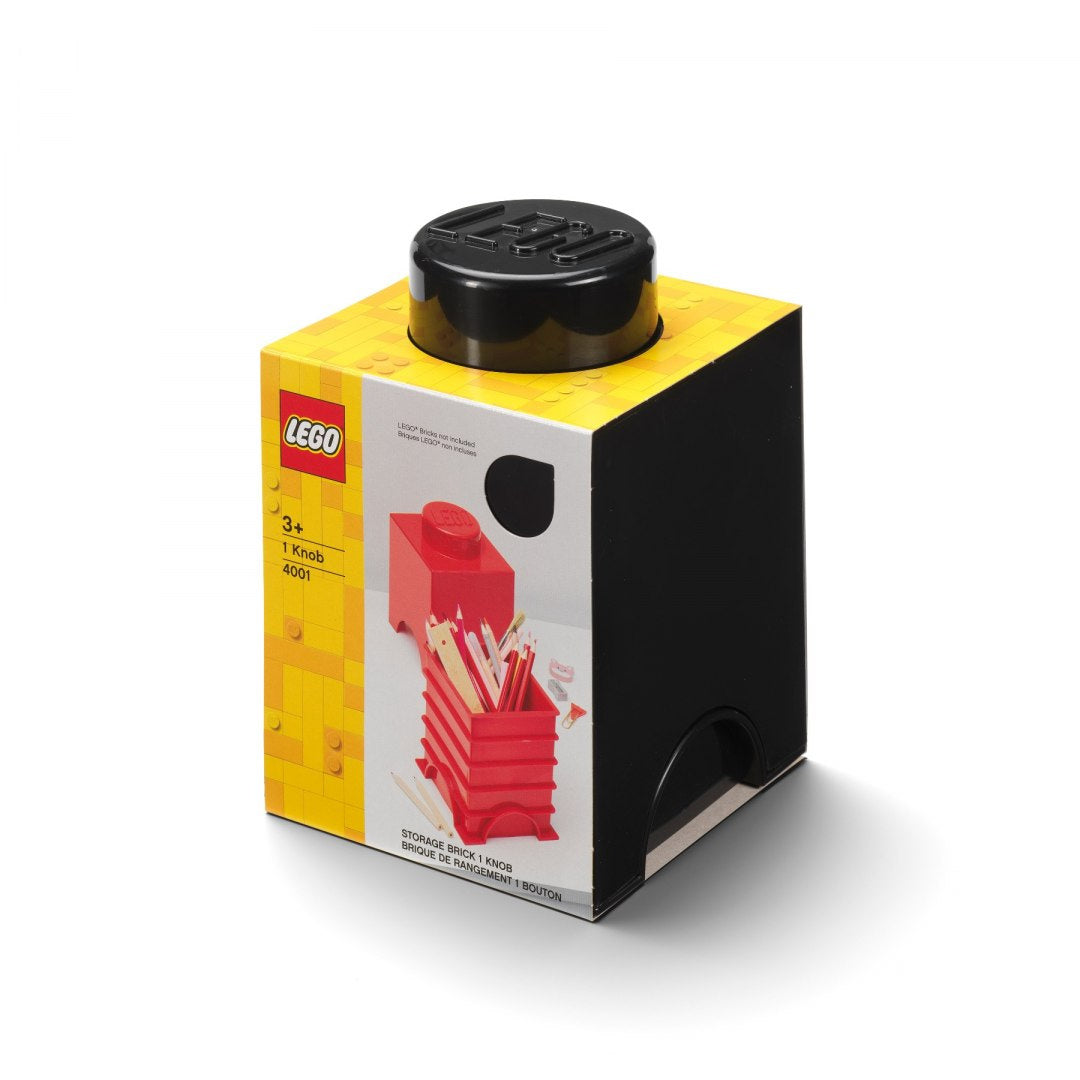 Pojemnik LEGO czarny w kształcie klocka z pokrywką przypominającą kołek do przechowywania