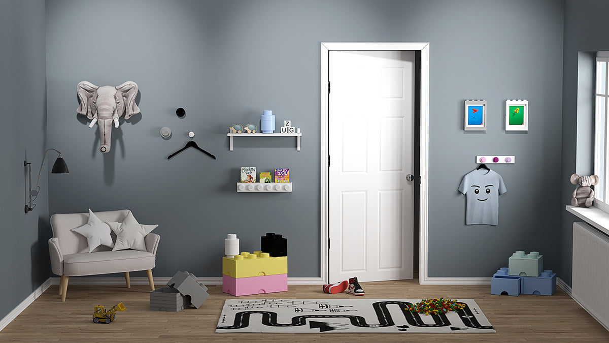 Pokój dziecięcy z zabawkami i pojemnikiem LEGO Brick 2 czarny w kształcie klocka na podłodze