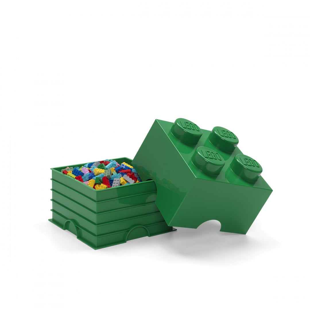 Pojemnik LEGO Brick 4 zielony z pokrywką i kolorowymi klockami LEGO w środku