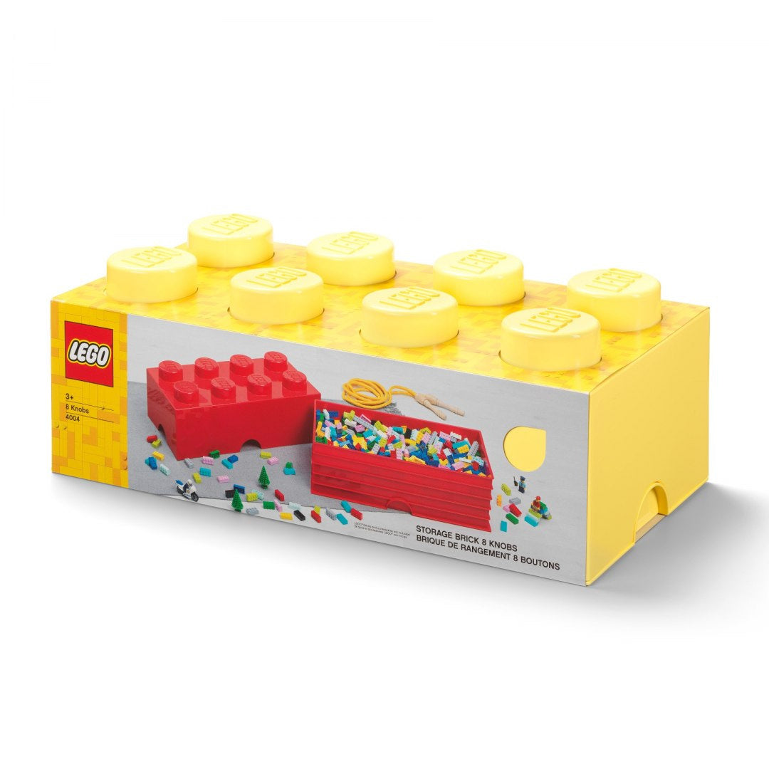 Żółty pojemnik LEGO na klocki w kształcie dużej kostki z wieczkiem i logo LEGO