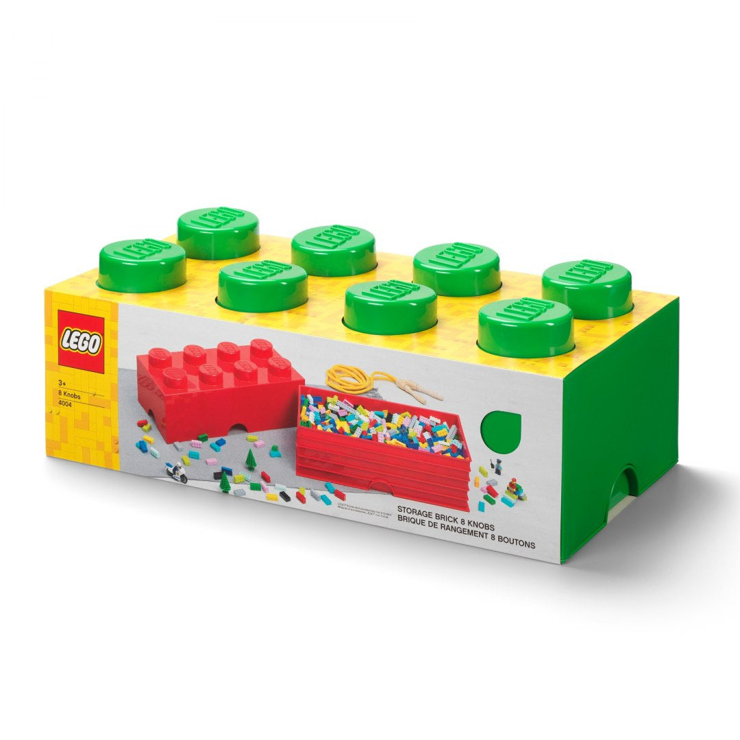 Pojemnik LEGO klocek 8 zielony do przechowywania klocków z zamknięciem w formie zielonych wypustek