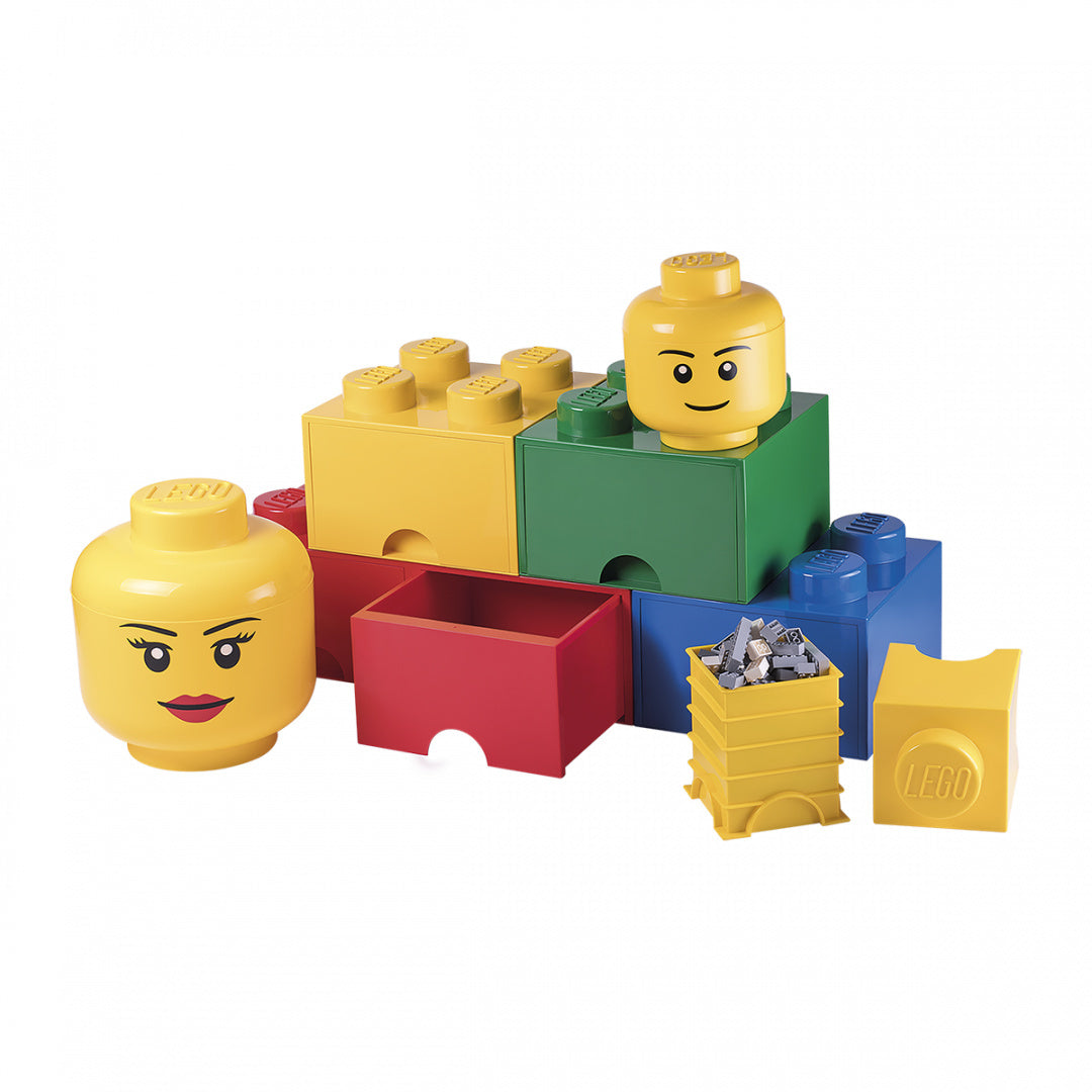 Pojemnik LEGO klocek 8 zielony z żółtą głową minifigurki na niebieskim i czerwonym tle