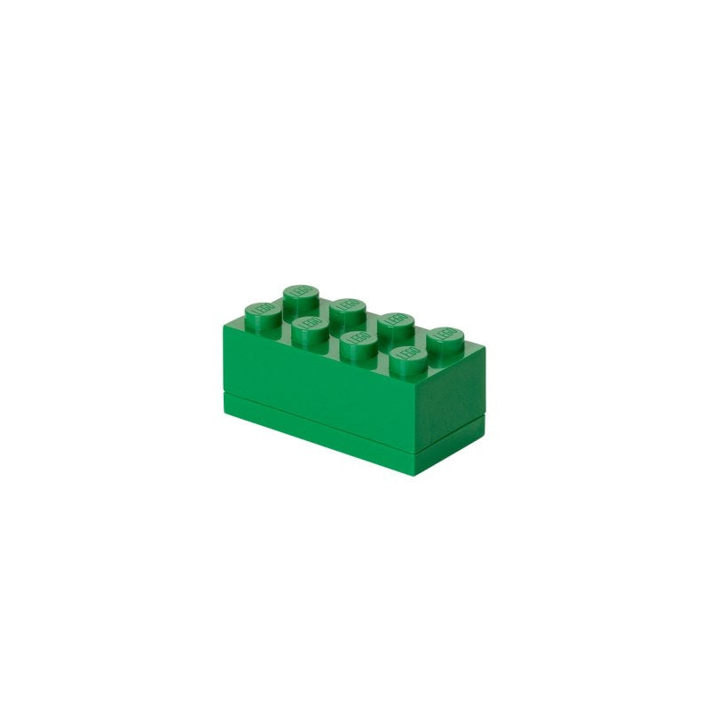 minipudełko klocek LEGO zielone w kształcie popularnej zabawki konstrukcyjnej