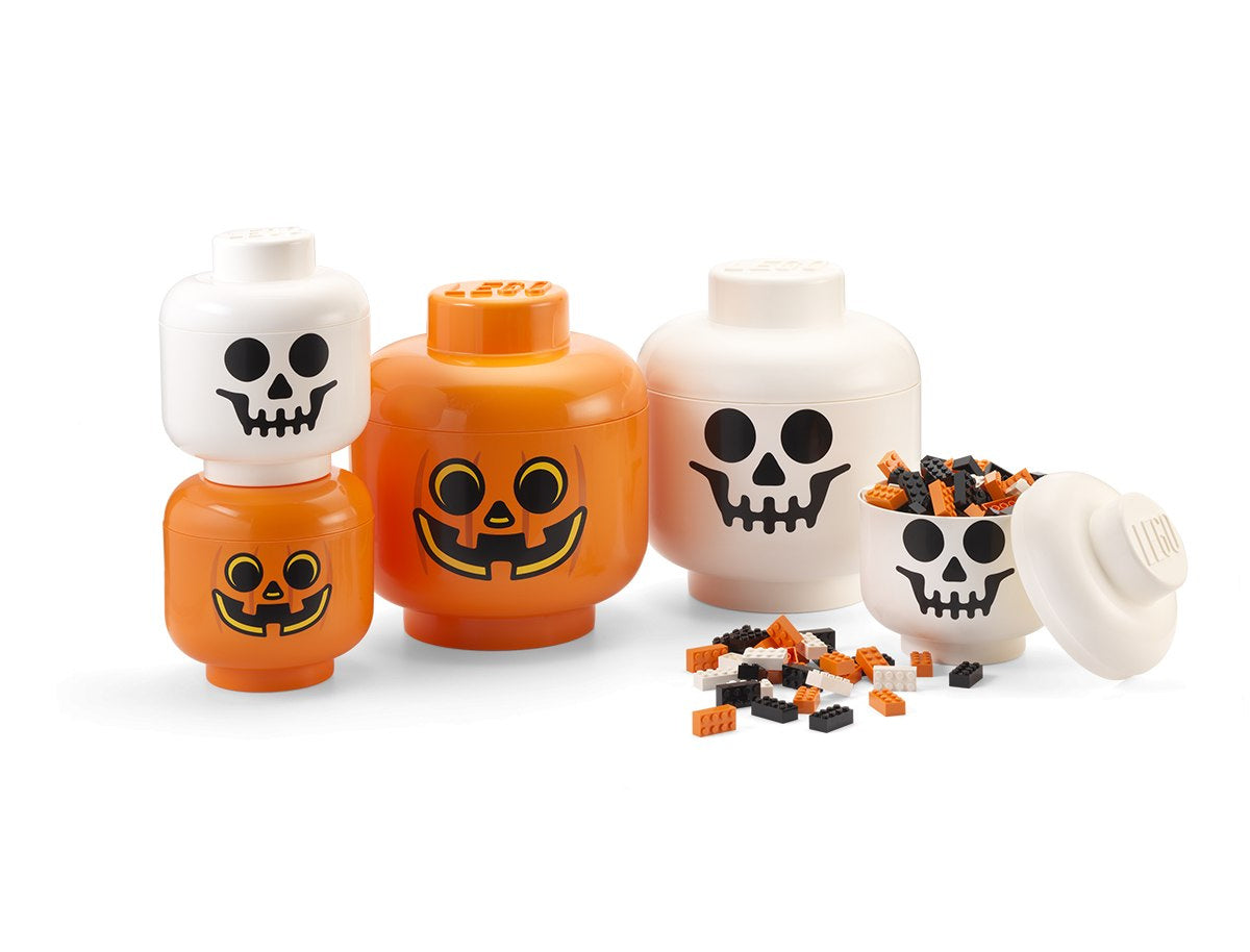 Pojemnik LEGO dynia i pojemnik z czaszką do przechowywania klocków LEGO w Halloween