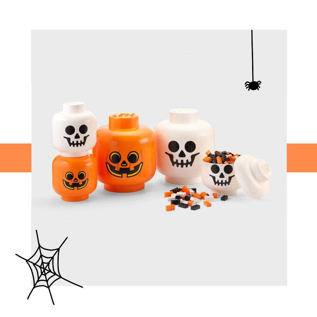 Pojemnik LEGO dynia i czaszka w kolorach pomarańczowym i białym na klocki LEGO z motywem halloweenowym