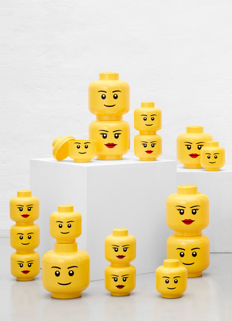 Pojemnik LEGO głowa chłopiec i dziewczynka w różnych rozmiarach do przechowywania klocków