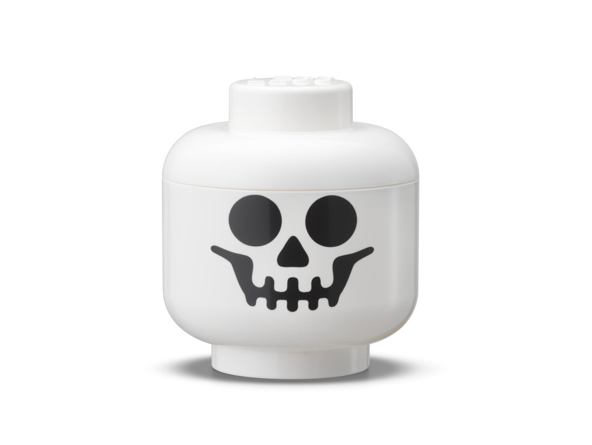 Pojemnik LEGO głowa szkieletor biały z czarnym nadrukiem czaszki do przechowywania klocków