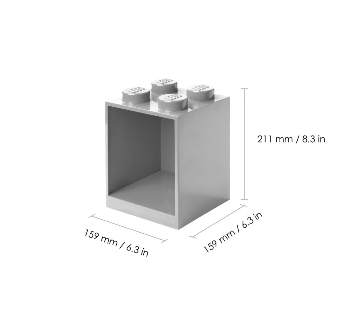 Szara półka LEGO szara w kształcie dużej klocka LEGO o wymiarach 159x159x211 mm