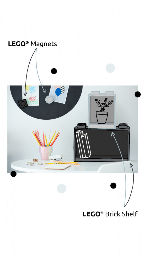Szara półka LEGO szara w kształcie cegiełki na ścianę z książkami i dekoracjami