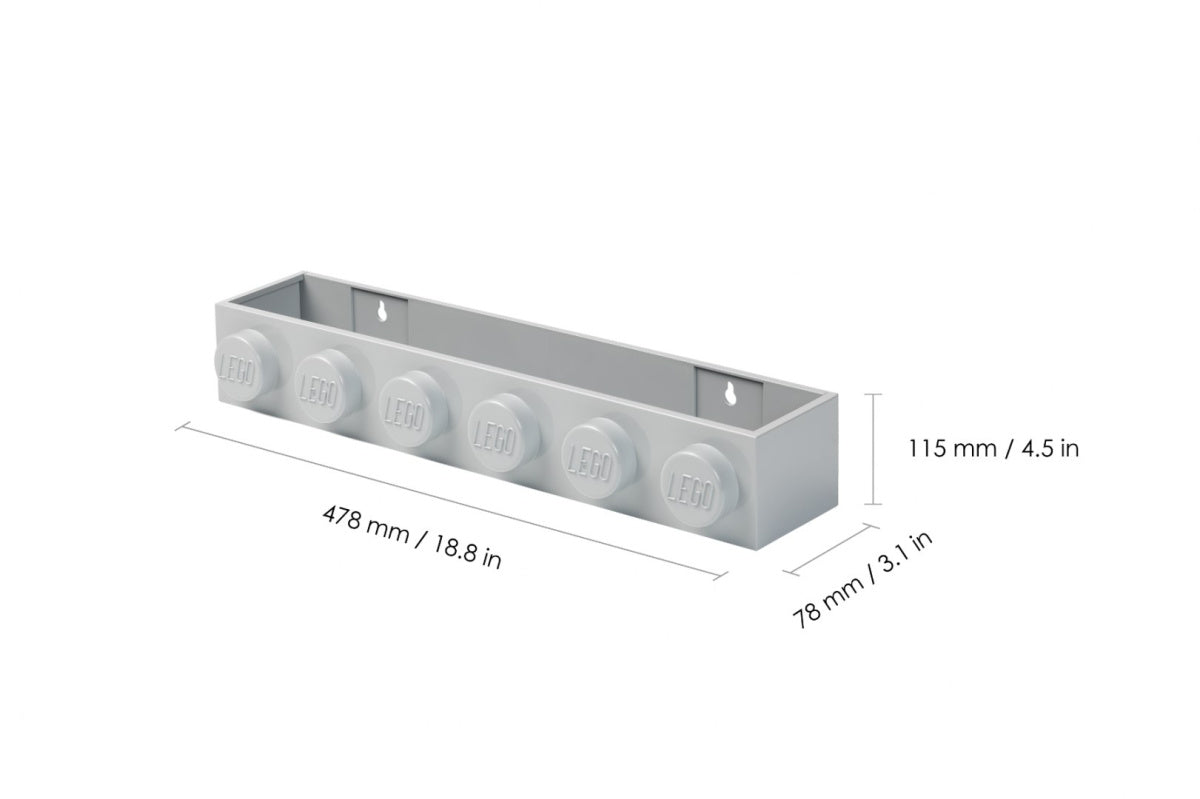 Szara półka LEGO o długości 478 mm z ozdobnymi wypustkami przypominającymi klocki