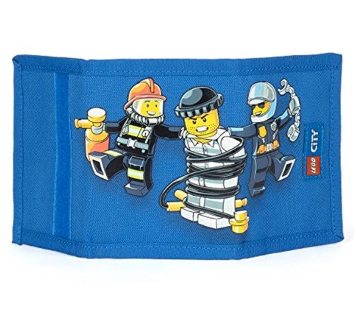 Niebieski portfel LEGO City dla dzieci z grafiką minifigurek strażaka i policjantów