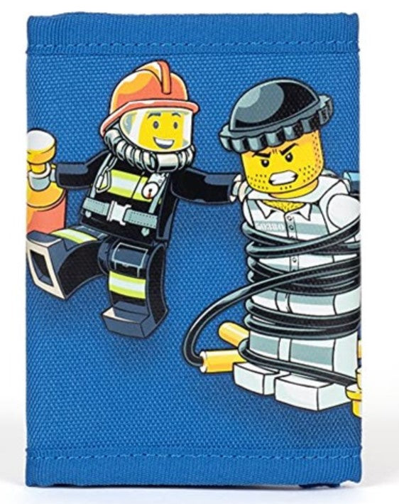 Niebieski portfel LEGO City dla dzieci z motywem strażaka i więźnia z klocków LEGO