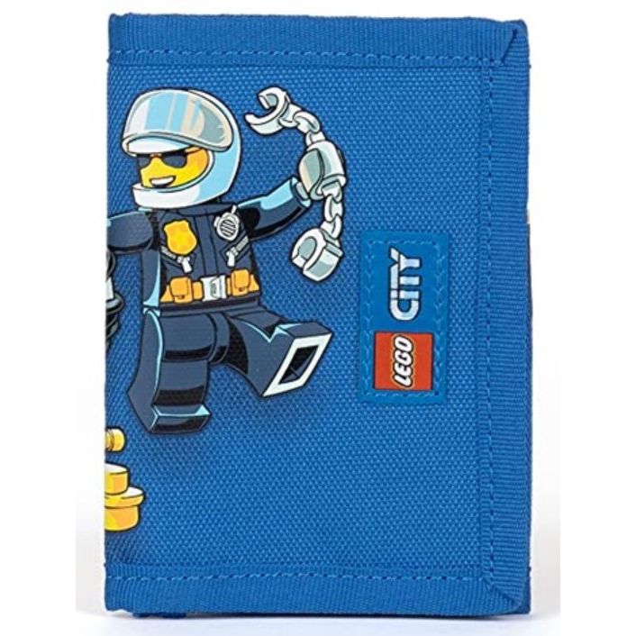 Niebieski portfel LEGO City dla dzieci z nadrukiem policjanta w kasku i otwartą ręką