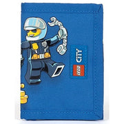 Niebieski portfel LEGO City dla dzieci z nadrukiem policjanta w kasku i otwartą ręką