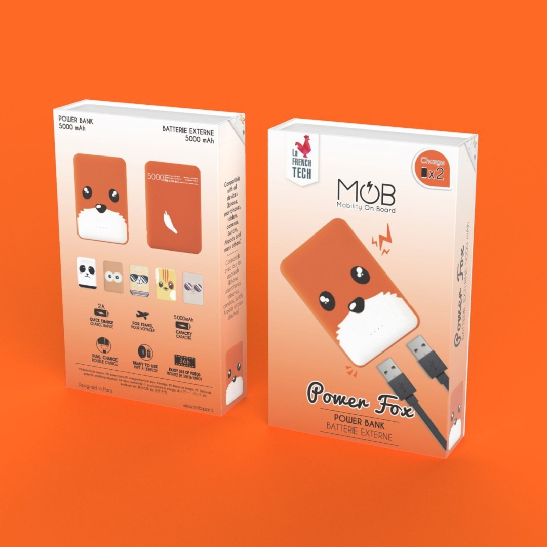 Powerbank lis 5000 mAh Yamann w pomarańczowym etui z uroczą buzią lisa i dwoma kablami USB