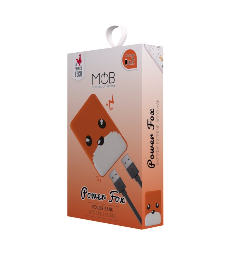 Powerbank lis 5000 mAh Yamann w opakowaniu z motywem lisa i kablami USB