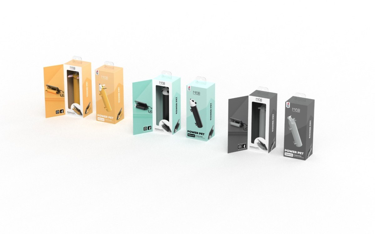 Powerbank piesek corgi Yamann w różnych kolorach i opakowaniach na białym tle