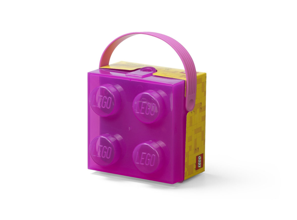 Przezroczysty lunchbox LEGO dla dzieci w fioletowym kolorze z uchwytem do przenoszenia