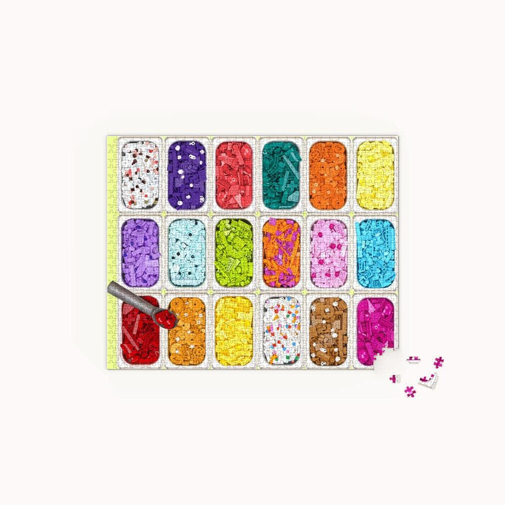 Kolorowe puzzle LEGO 1000 elementów z różnorodnymi wzorami ułożone na białym tle