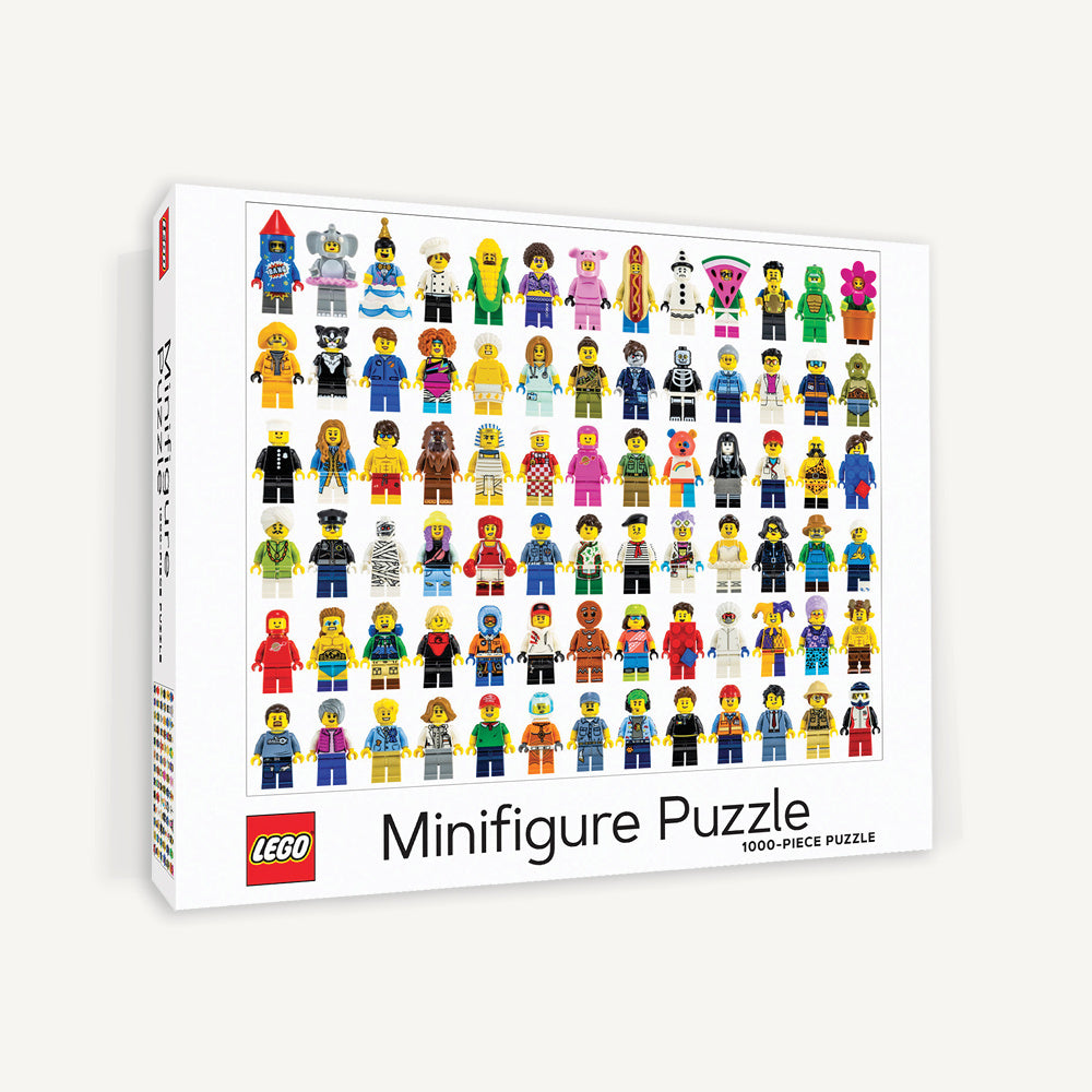 Puzzle LEGO minifigurki 1000 elementów z kolorowymi postaciami minifigurek LEGO na białym tle