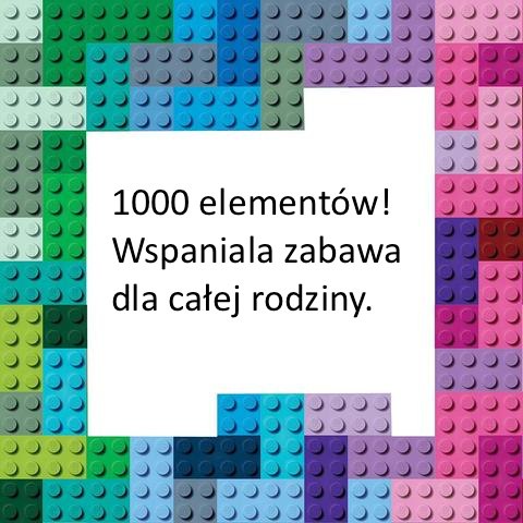 Kolorowe puzzle LEGO 1000 elementów ułożone wokół białego pola z napisem zabawa dla całej rodziny