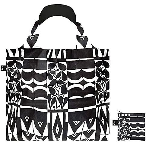 Torba LOQI Josef Hoffmann czarno-biała z geometrycznym wzorem i składana do małego pokrowca