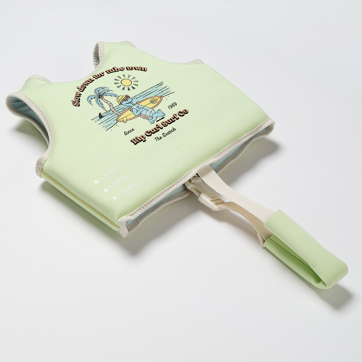 Zielona kamizelka do pływania dla dzieci z nadrukiem surferów i paskiem bezpieczeństwa