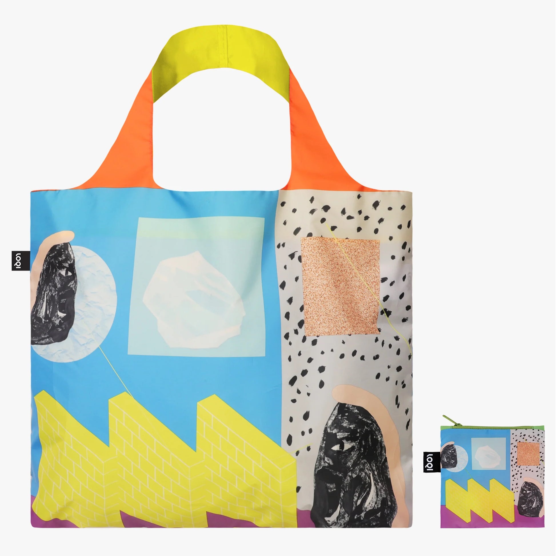 Kolorowa torba podręczna RUOHAN WANG od Yamann z abstrakcyjnym wzorem i pomarańczowo-żółtymi uchwytami