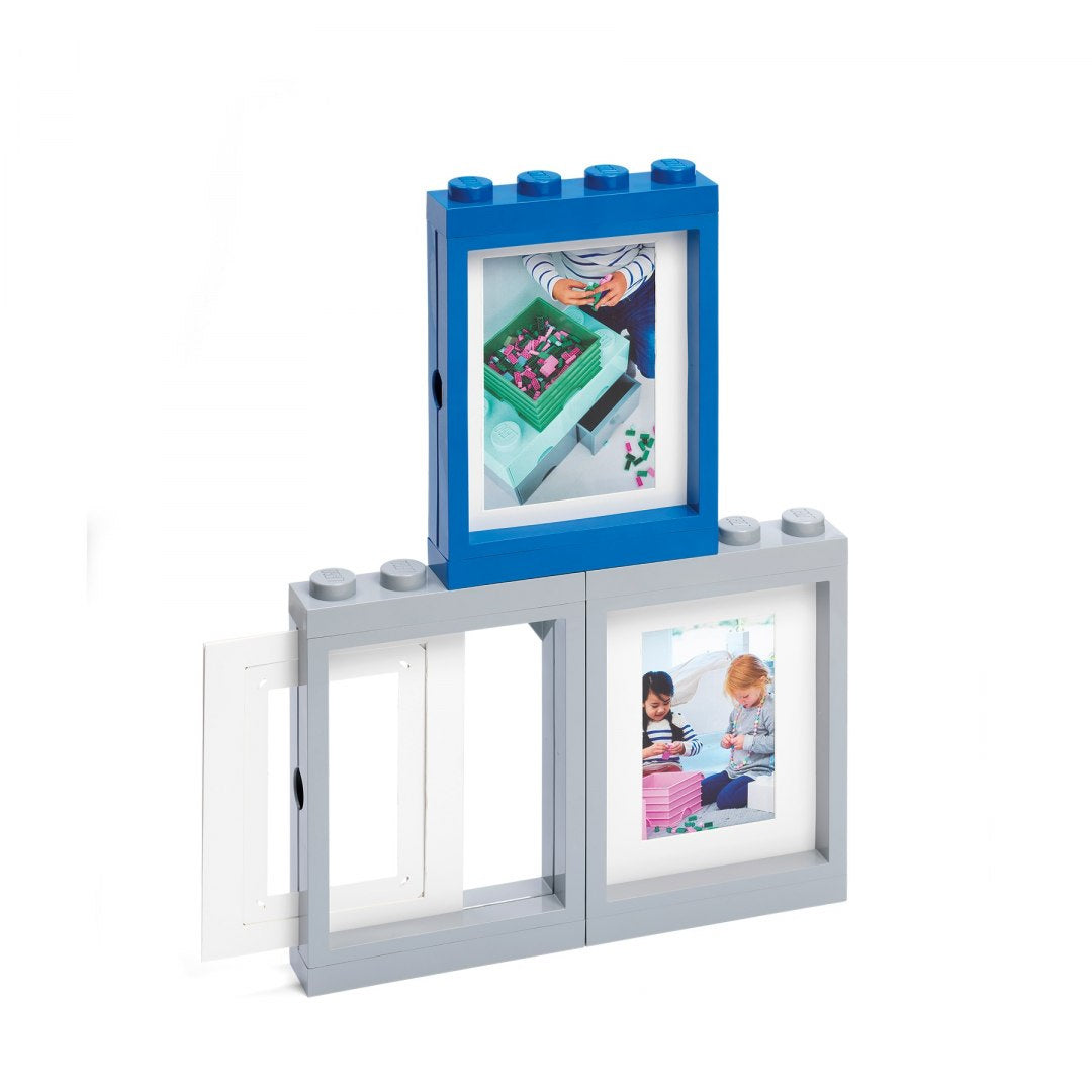 Kolorowa ramka LEGO na zdjęcia w blue i szarym kolorze z miejscem na dwie fotografie