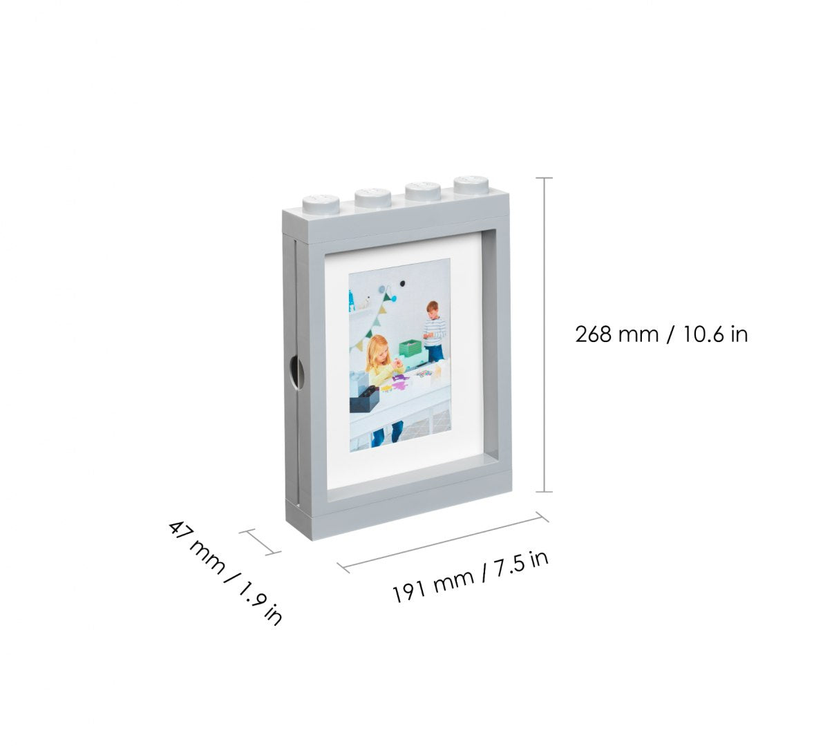 Szara ramka LEGO na zdjęcia z klockami na górze o wymiarach 268x191x47 mm