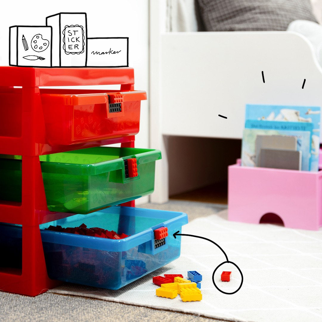 Regał LEGO z szufladami w czerwonym, zielonym i niebieskim kolorze do przechowywania klocków LEGO