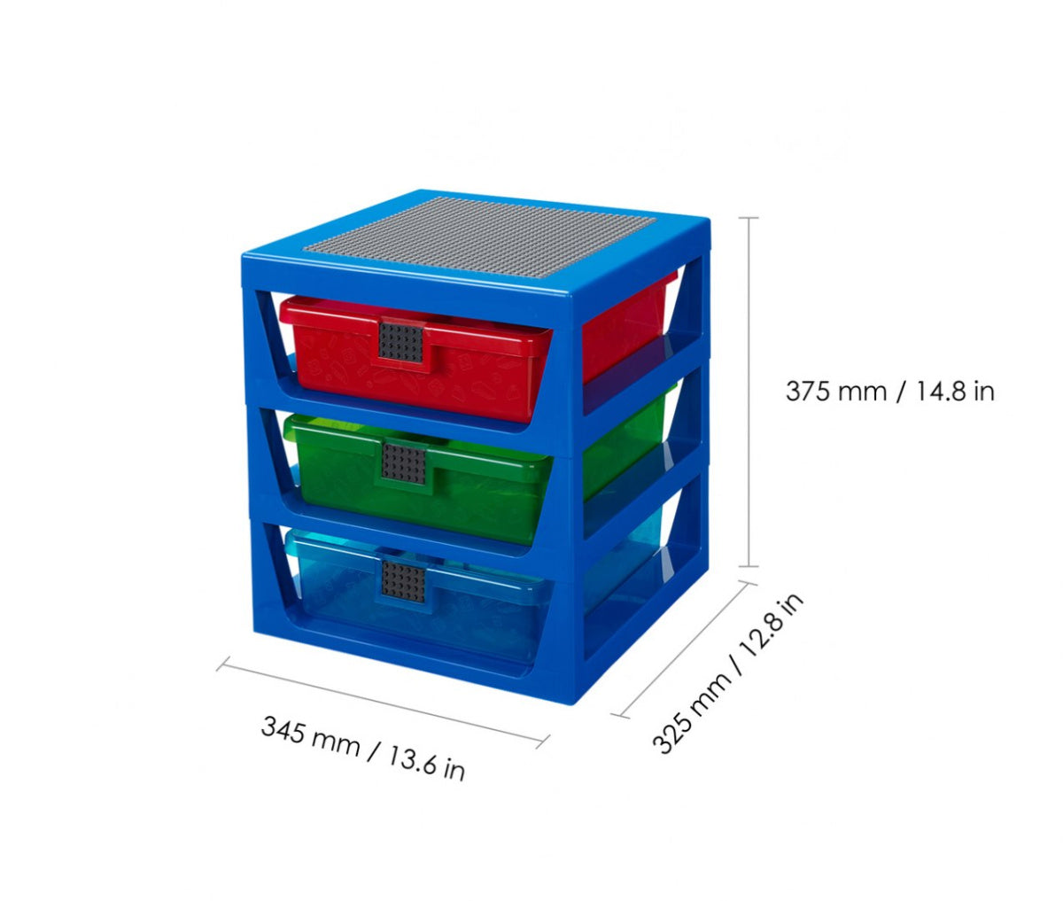 Niebieski regał LEGO z szufladami w kolorze czerwonym, zielonym i niebieskim do przechowywania klocków