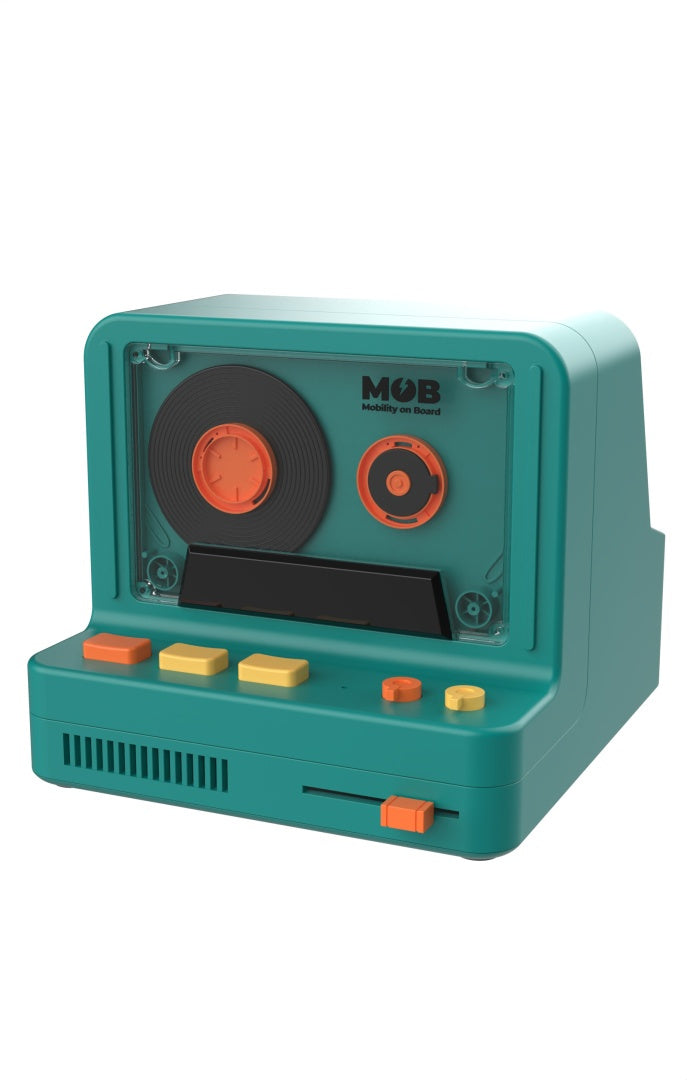 Yamann retro głośnik bezprzewodowy w stylu kasety magnetofonowej z przyciskami w kolorze pomarańczowym i żółtym