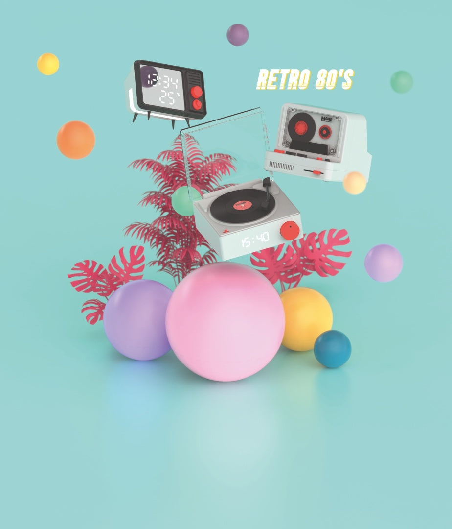 Yamann retro głośnik bezprzewodowy i urządzenia audio w stylu lat 80 z kolorowymi kulami i rośliną