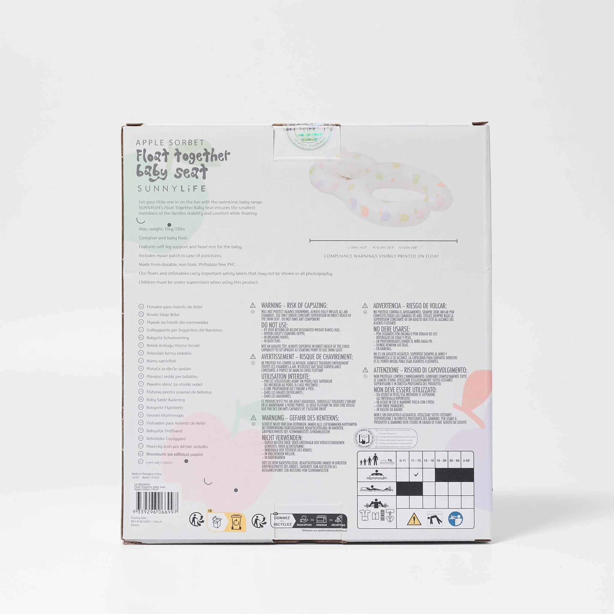 Opakowanie fotelika do pływania dla niemowląt Sunny Life z kolorowym wzorem jabłkowym